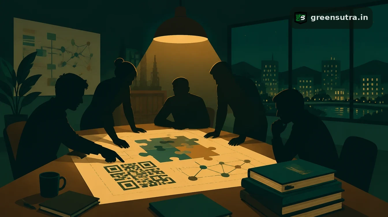 Engineers around a table laying out puzzle pieces, a QR code and linked nodes, the standards behind Digital Product Passports
