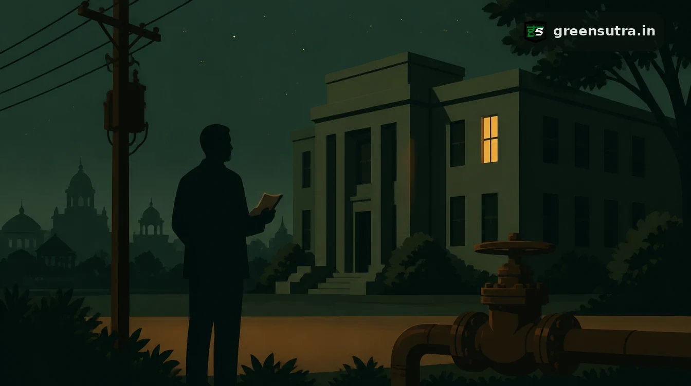 District office at night with an electricity pole and a water valve in front and an official holding a notice