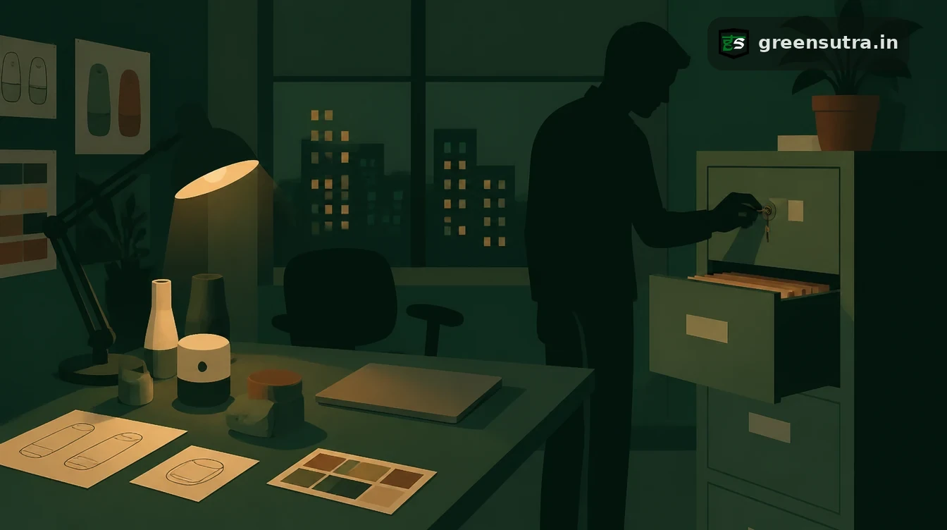 Engineer turning a key in a half-open filing drawer beside a desk of product samples in a design office at night, for how a Digital Product Passport protects confidential business data