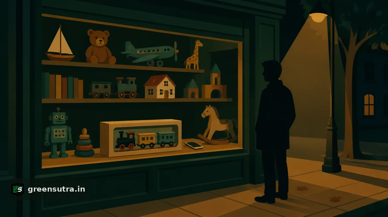 Shopper outside a toy shop window at night looking at a boxed wooden train and a phone on the shelf, for seeing a Digital Product Passport before buying