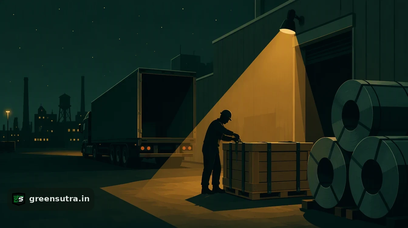 Worker checking the strapping on a crate of battery modules beside steel coils, for the supplier data EU customers request before Digital Product Passports apply