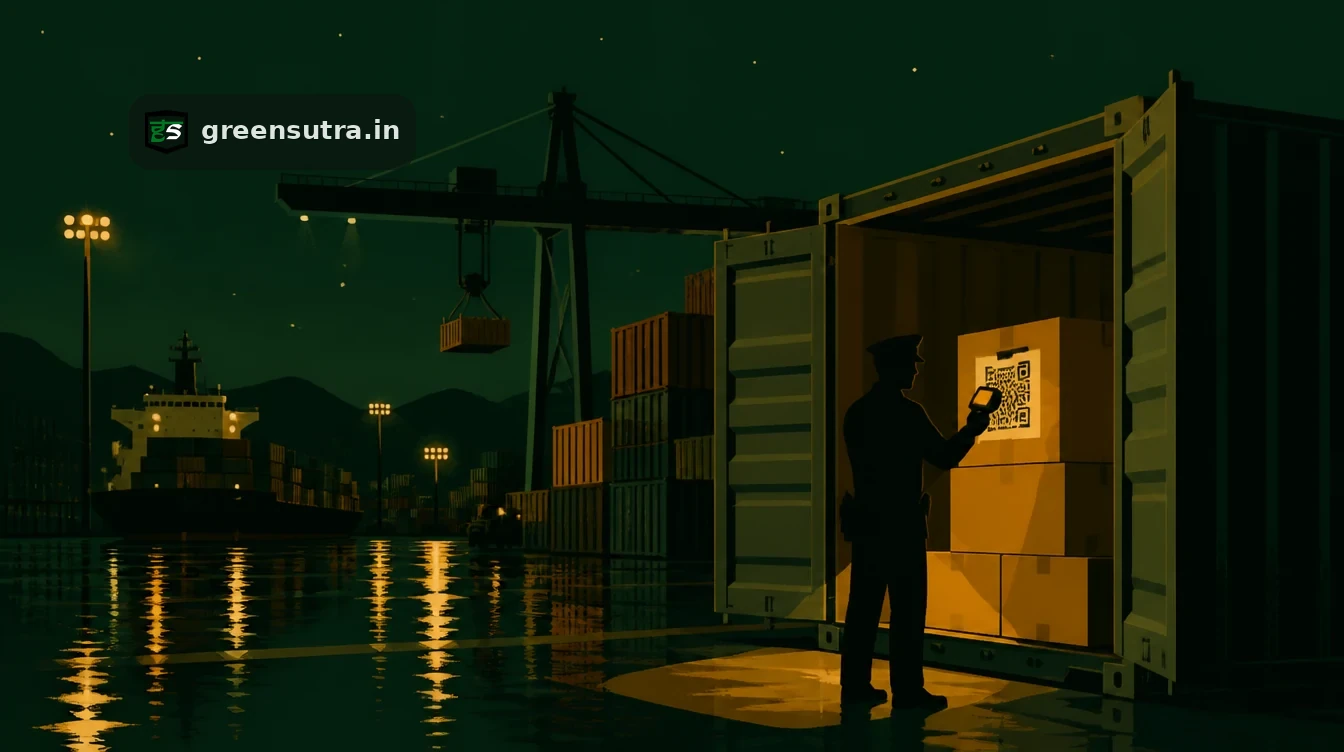 Customs officer scanning a QR code on a carton at a container port, illustrating EU customs checks on Digital Product Passports