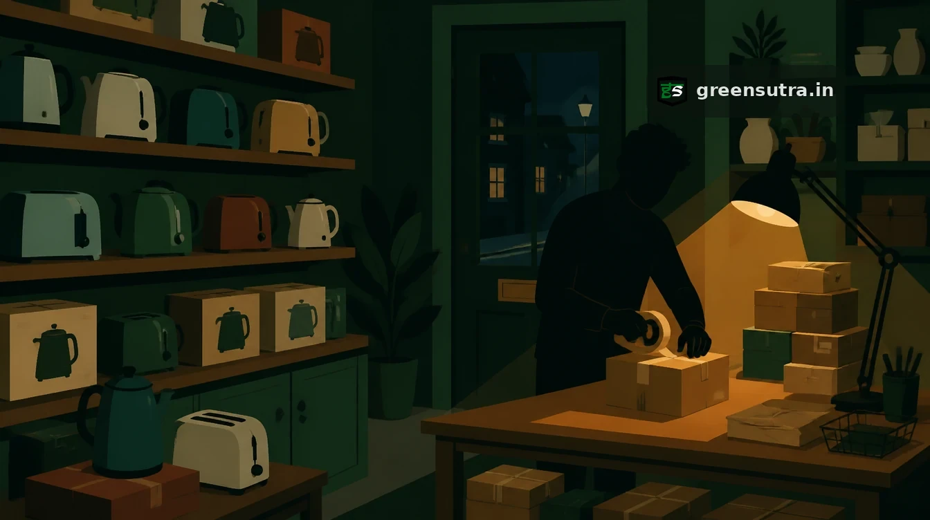 Shopkeeper taping a parcel shut at a packing table beside shelves of boxed kettles and toasters, for what dealers and online marketplaces must do about Digital Product Passports