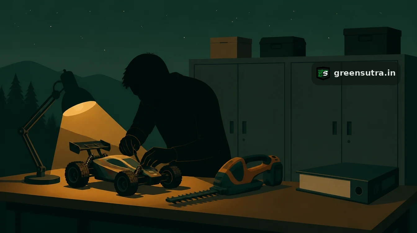 Technician adjusting a remote control toy car beside a hedge trimmer and a closed ring binder, for whether a Digital Product Passport replaces the EU declaration of conformity