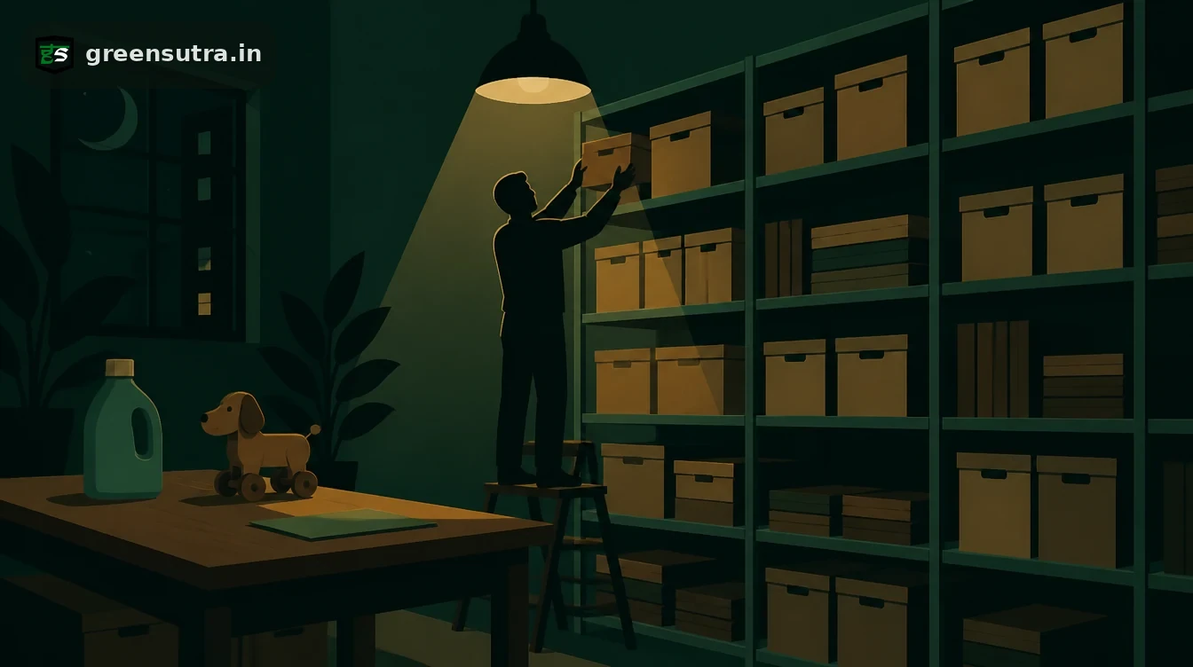 Clerk sliding a box onto a high archive shelf, a detergent bottle and a wooden toy on the table below, for how long a Digital Product Passport must stay available