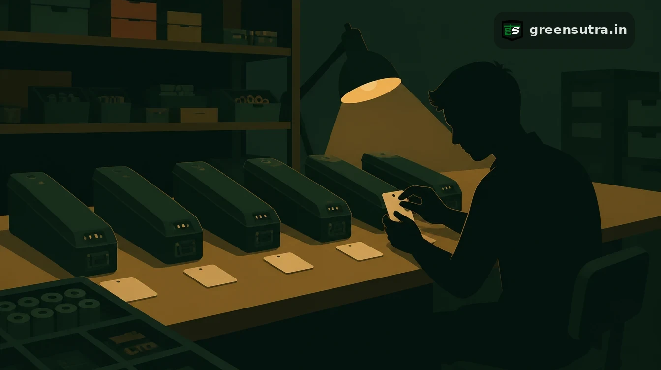 Technician fixing a blank tag to one of a row of e-bike battery packs on a workbench under a desk lamp, for how a Digital Product Passport is created