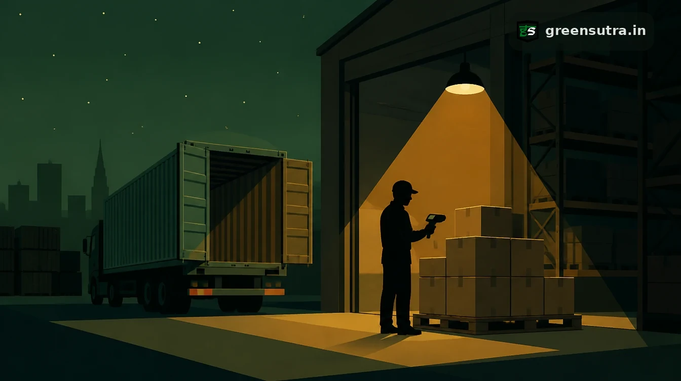 Warehouse worker checking a pallet of cartons with a handheld scanner at the open door of a bonded warehouse, a container lorry outside, for an EU importer's Digital Product Passport duties