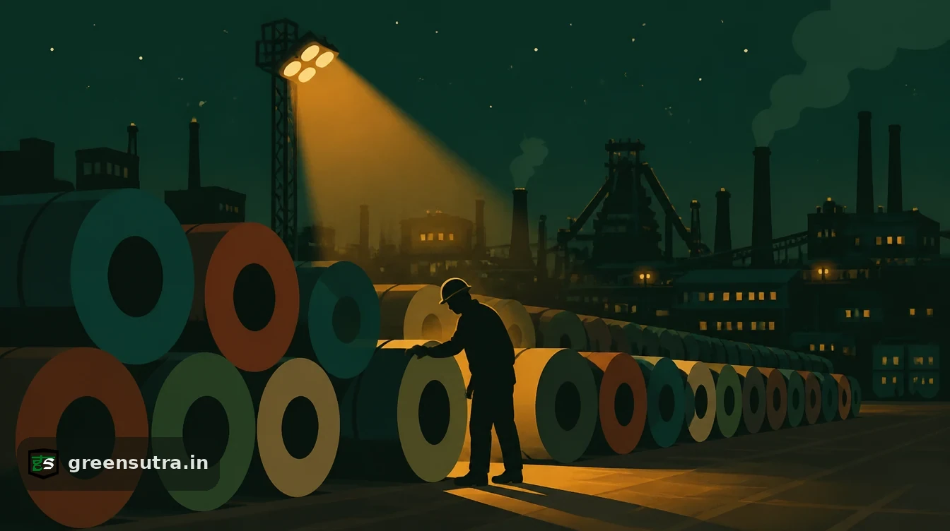 Worker in a hard hat checking rows of steel coils with painted ends in a mill yard, for when iron and steel need a Digital Product Passport