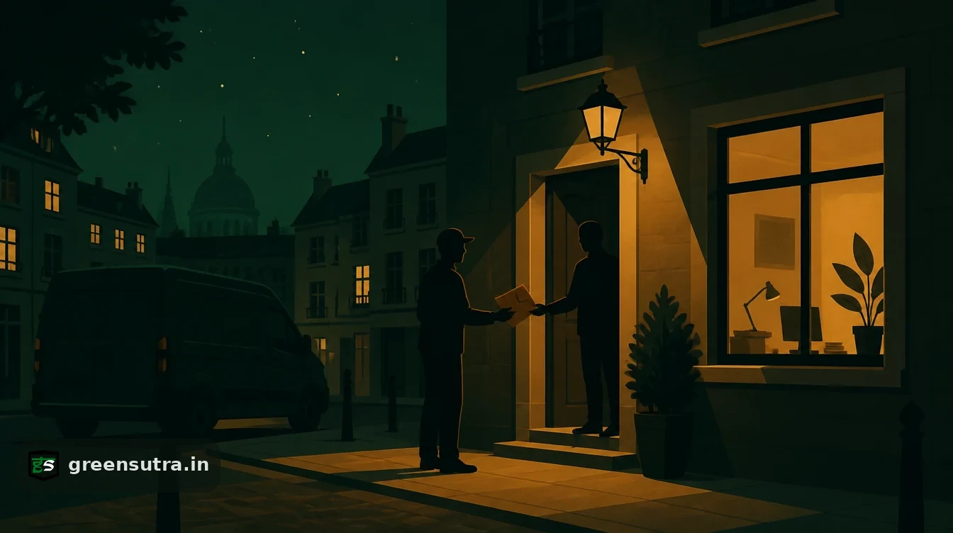 Courier handing a document folder to a person in the doorway of a small European office at night, a van parked nearby, for whether a non-EU manufacturer needs an EU representative for a Digital Product Passport
