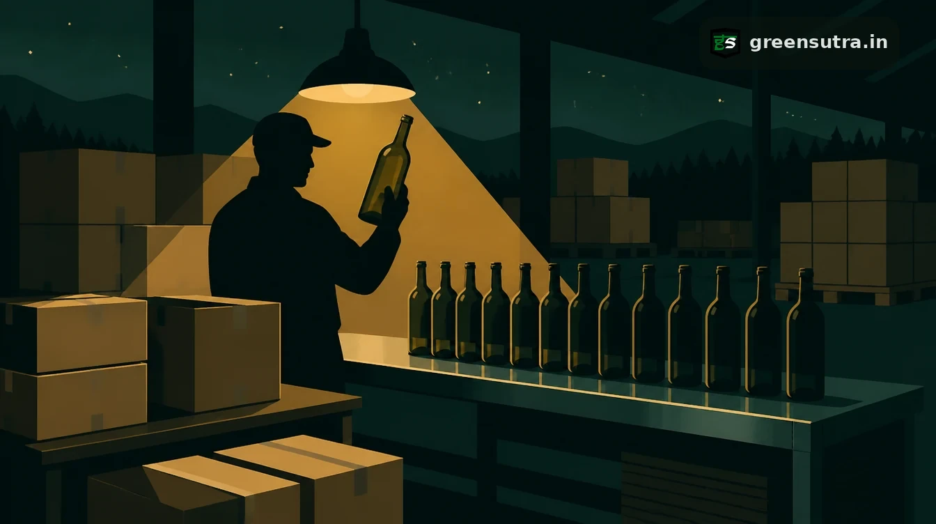 Packer holding up a glass bottle beside a row of empty bottles and stacked cartons in a packing hall, for whether packaging needs its own Digital Product Passport
