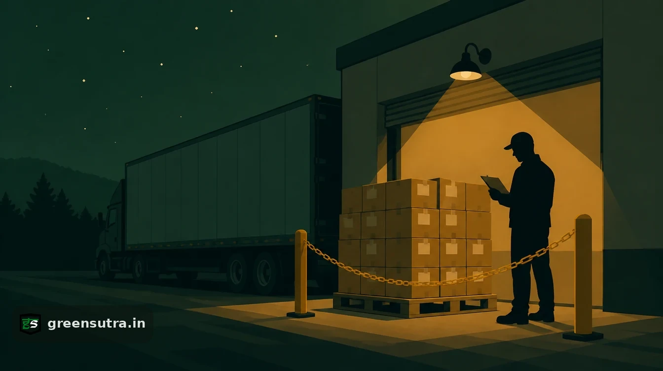 Inspector with a clipboard beside a pallet of boxes held behind a yellow chain at a loading bay, for penalties when a product has no Digital Product Passport