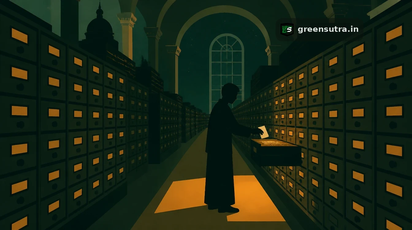 Digital Product Passport registry: an archivist files a card into a lit drawer in a hall of small cabinets