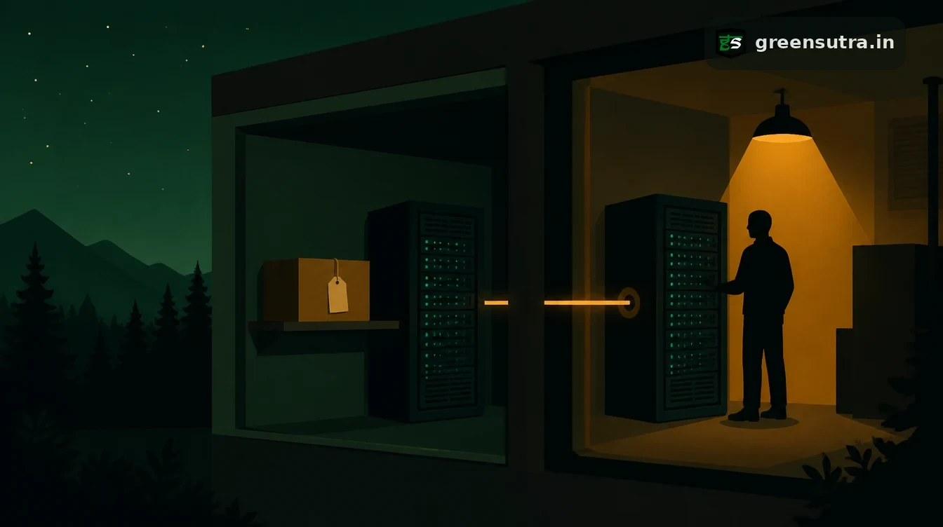 Technician beside one of two server cabinets in separate rooms joined by a glowing cable, a tagged product box nearby, for who hosts Digital Product Passport data