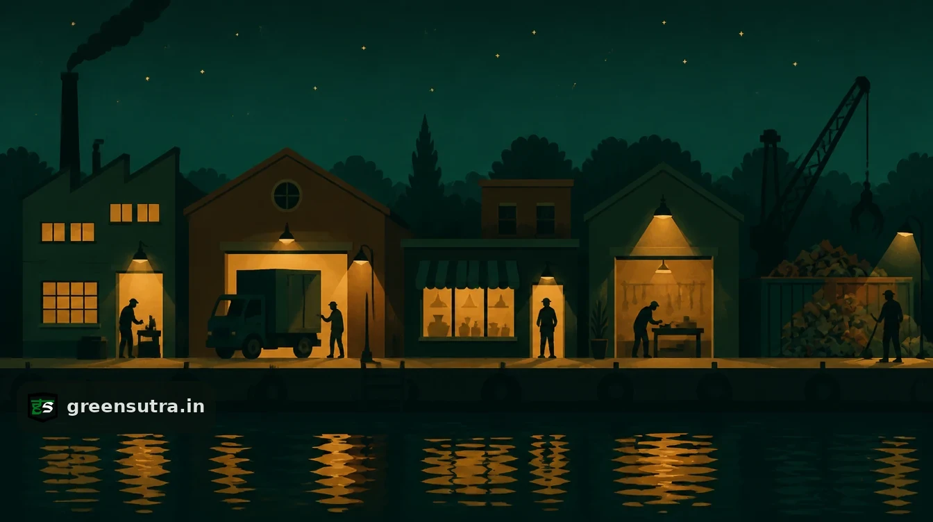 Riverside quay at night with a factory, a warehouse, a shop, a repair workshop and a recycling yard side by side, a figure at each, for the roles in a Digital Product Passport