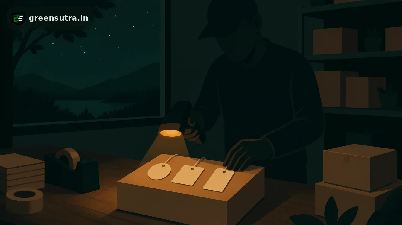 Hands sorting three blank tags of different shapes on a product box, a scanner beside them, for the unique identifiers a Digital Product Passport uses