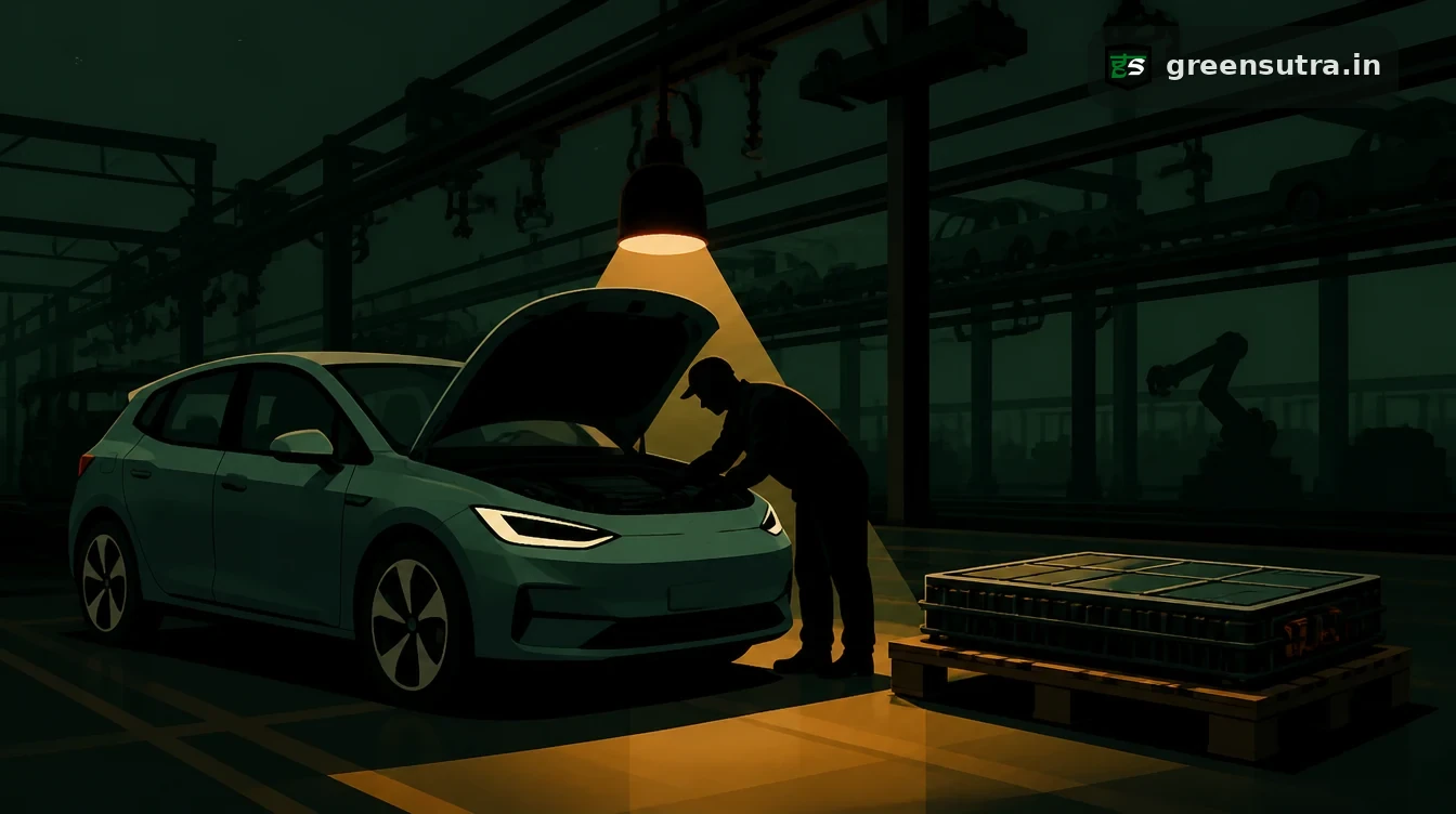 Technician leaning under the open bonnet of a new electric hatchback beside a battery pack on a pallet, for the three EU vehicle passports and their start dates