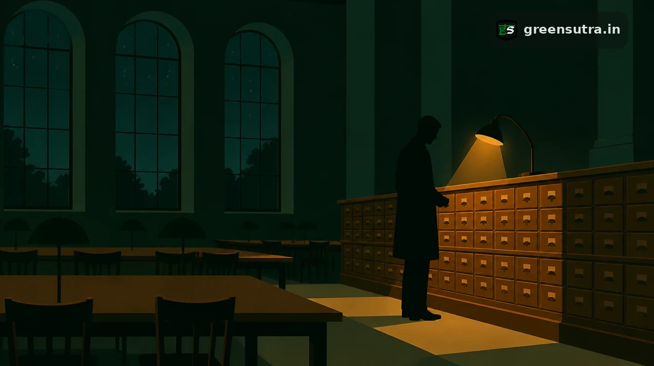 Visitor standing at a long wooden catalogue cabinet in an empty library reading room at night, for the EU Digital Product Passport web portal