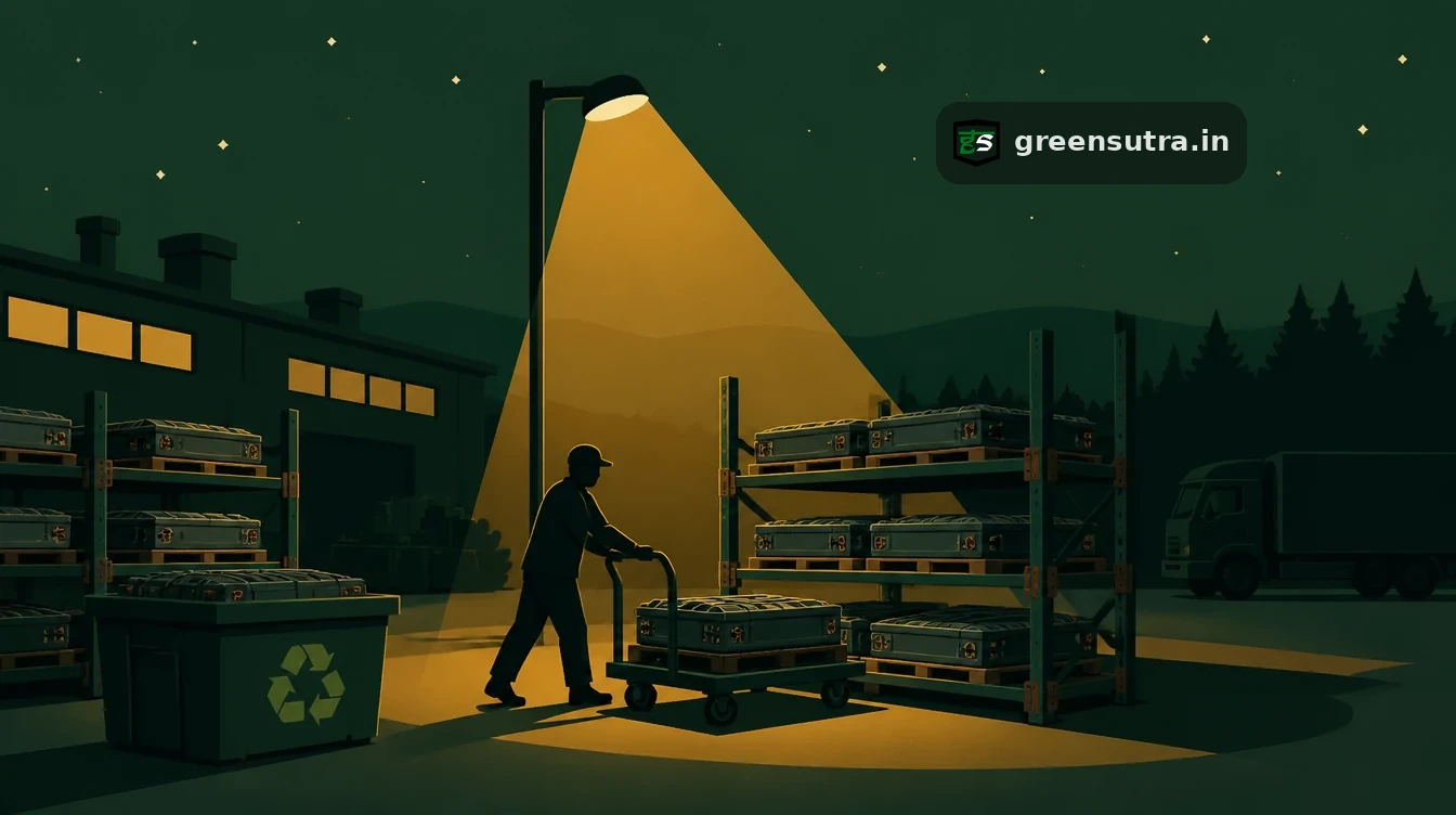 Worker pushing a trolley of used electric car battery modules between steel racks in a remanufacturing yard at night, for who can update a Digital Product Passport