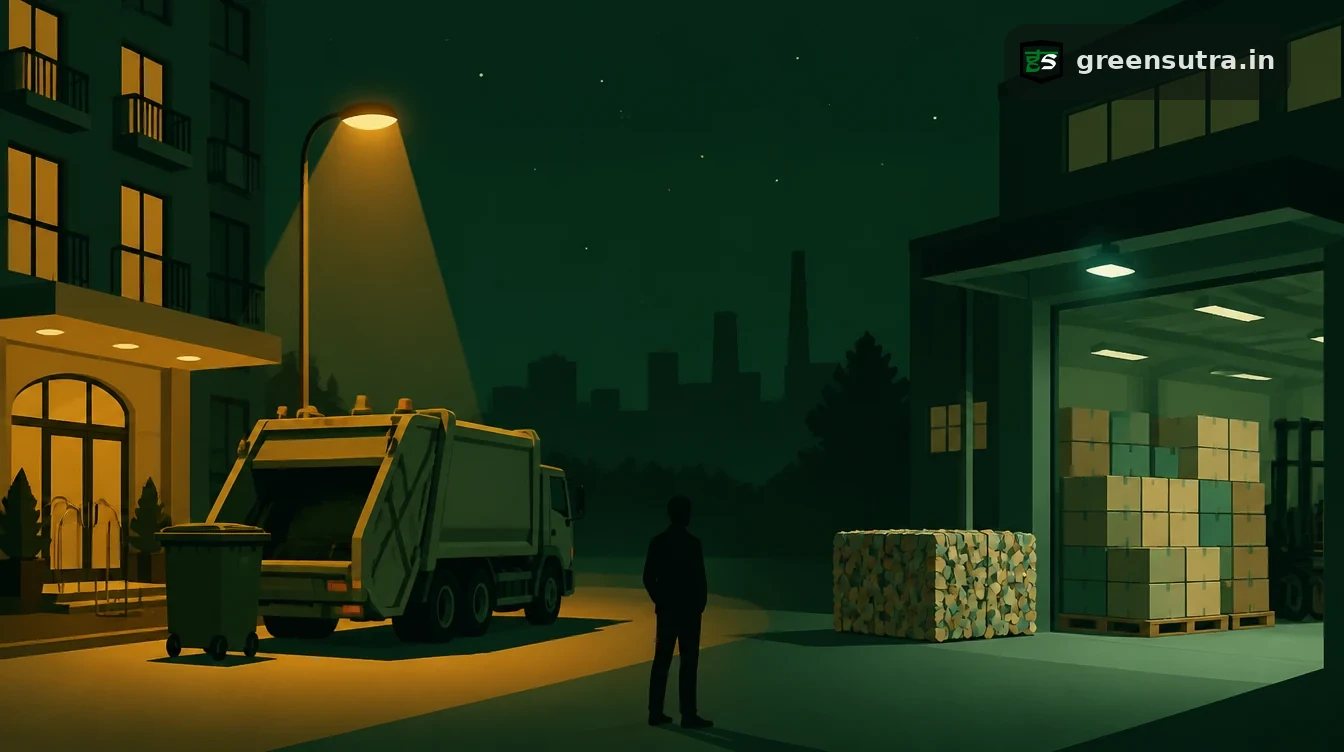 Hotel entrance with a municipal waste truck beside a factory loading bay with packaged goods, EBWGR and producer EPR