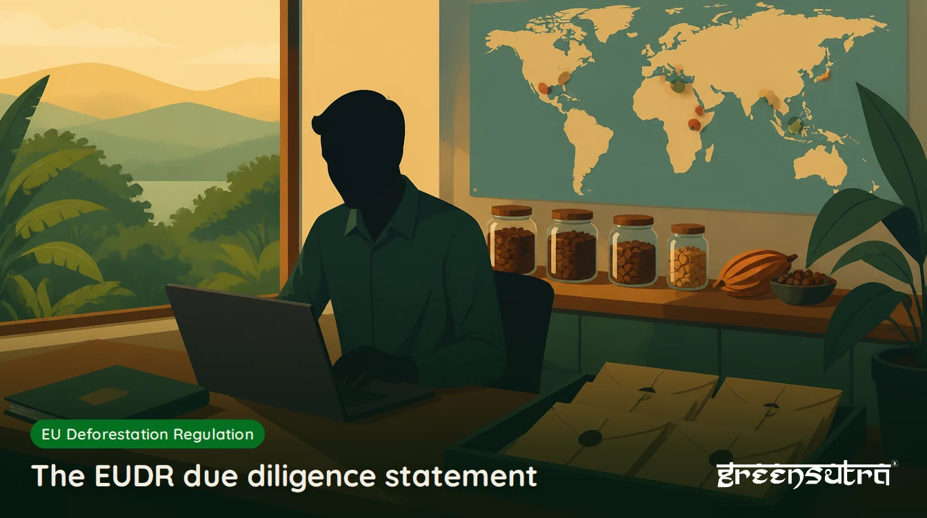 The EUDR due diligence statement: a clerk at an office desk with a folder, a laptop and sample jars of coffee and cocoa beans