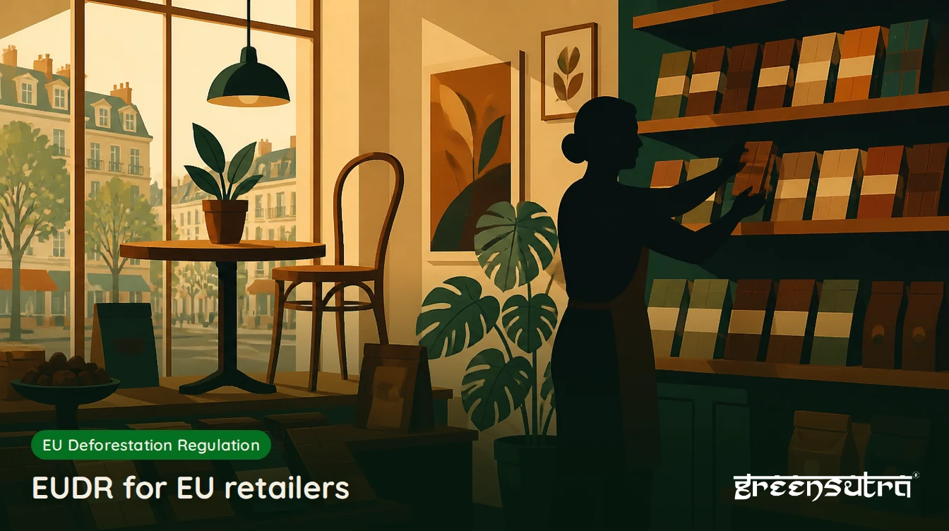 EUDR for EU retailers: a shop assistant restocking shelves of coffee, chocolate and wooden furniture in a European store