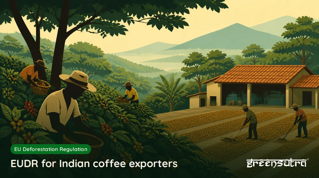 EUDR for Indian coffee exporters: pickers among coffee bushes and a drying yard with raked beans at a hill estate