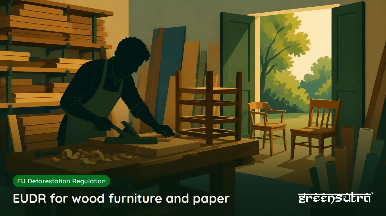 EUDR for wood furniture and paper: a carpenter in a furniture workshop with planks, finished chairs and rolls of paper