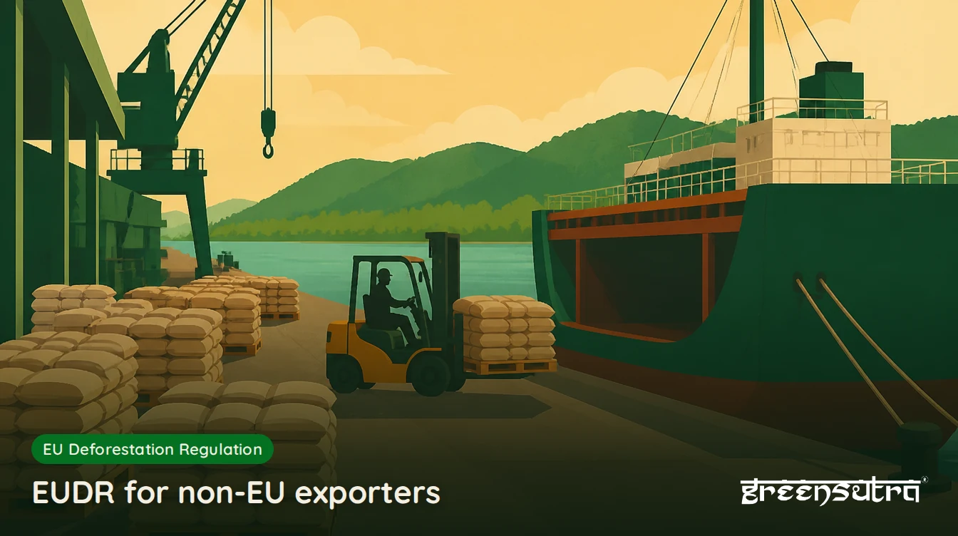 EUDR for non-EU exporters: sealed sacks on pallets at a river quay being loaded onto a cargo ship for export to the EU