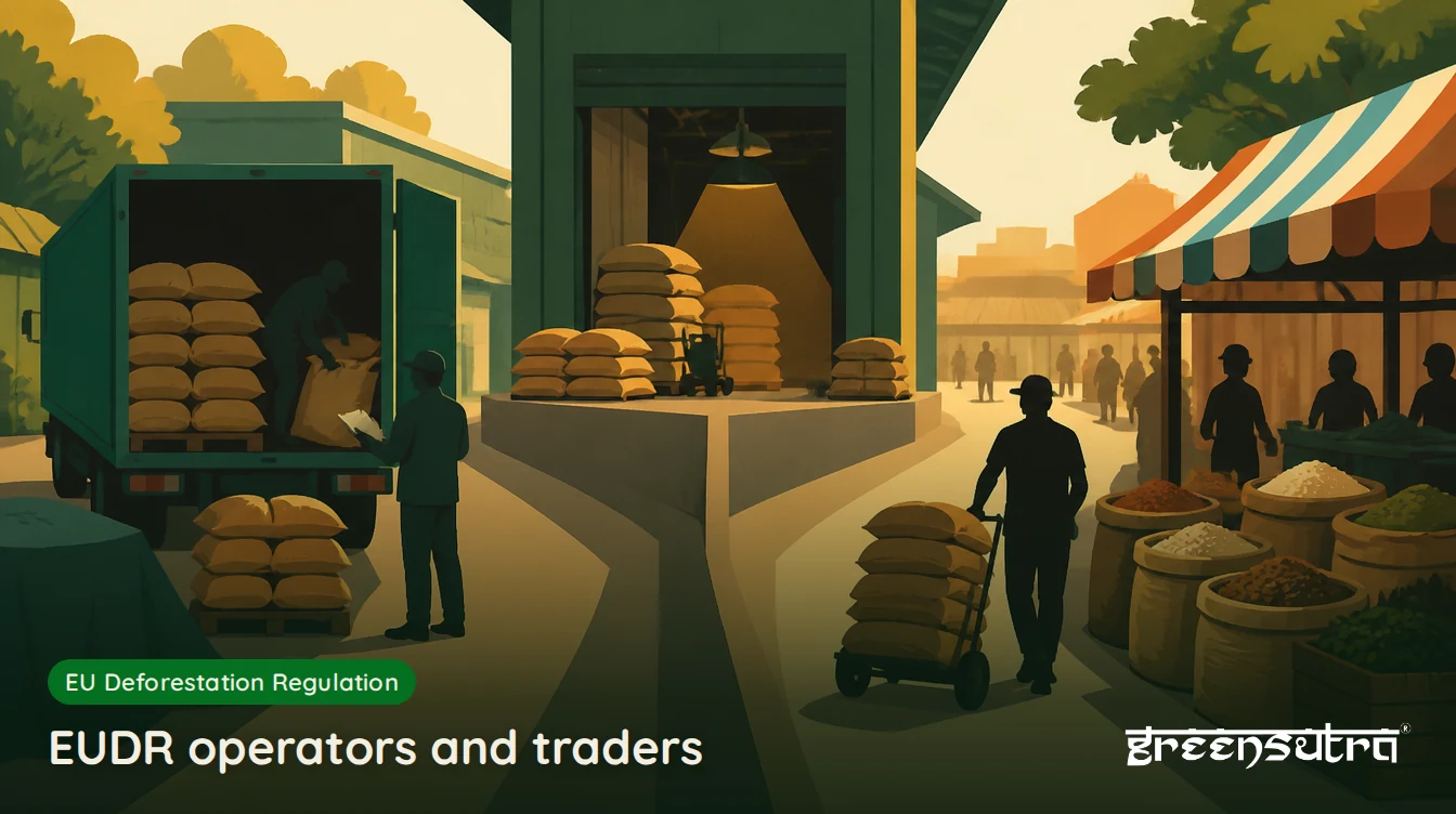 EUDR operators and traders: one person receiving imported sacks at a warehouse dock and one taking sacks to a market stall