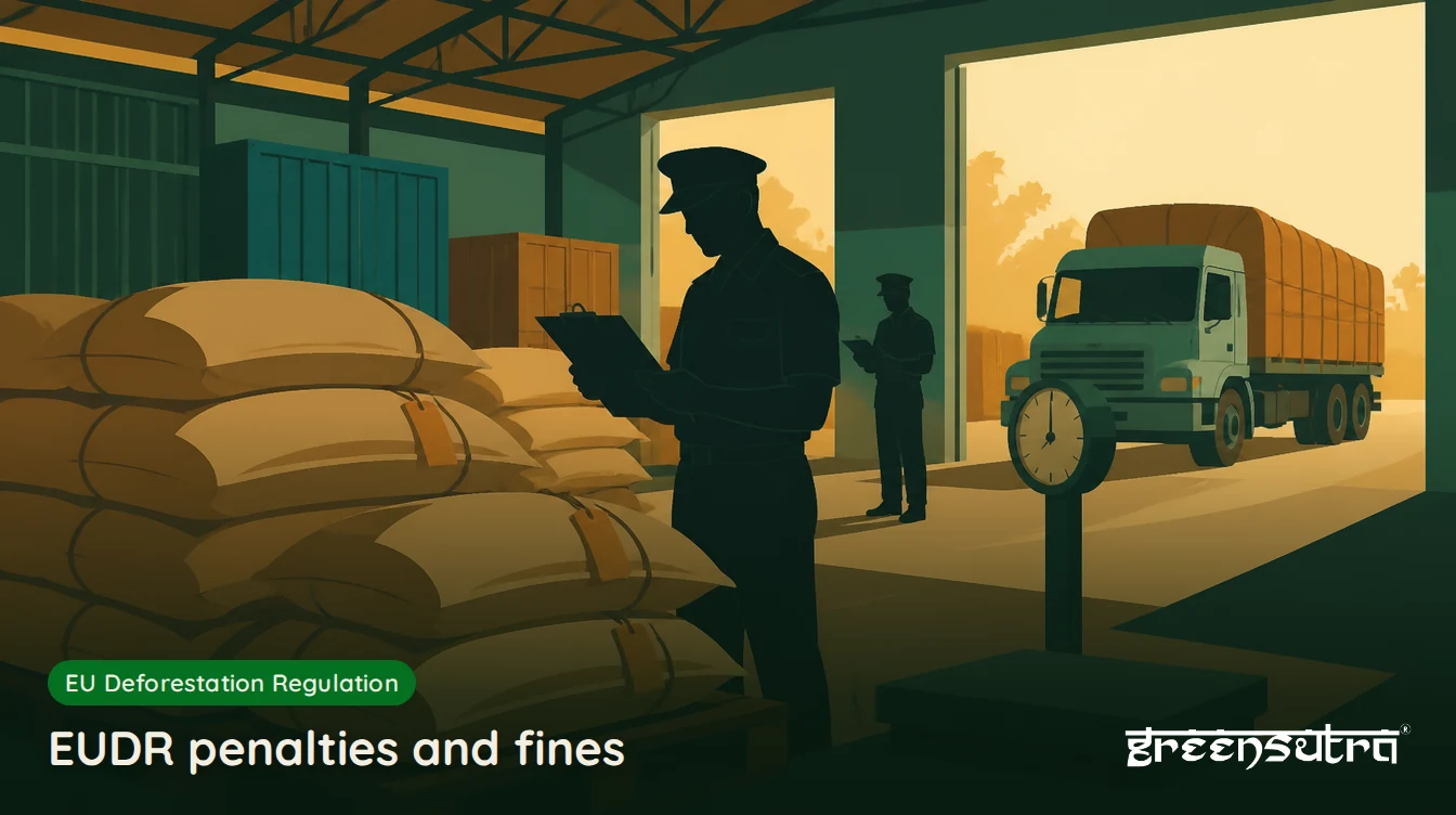 EUDR penalties and fines: a customs official inspecting sealed sacks on pallets in an inspection shed with a floor scale