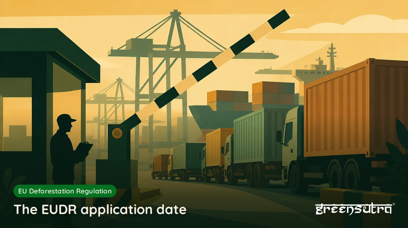 The EUDR application date: loaded trucks queueing at a port gate with the barrier half raised