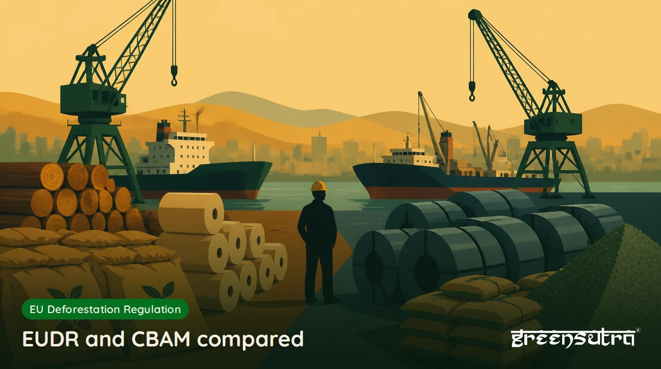 EUDR and CBAM compared: coffee sacks and logs on one side of a quay, steel coils and cement on the other