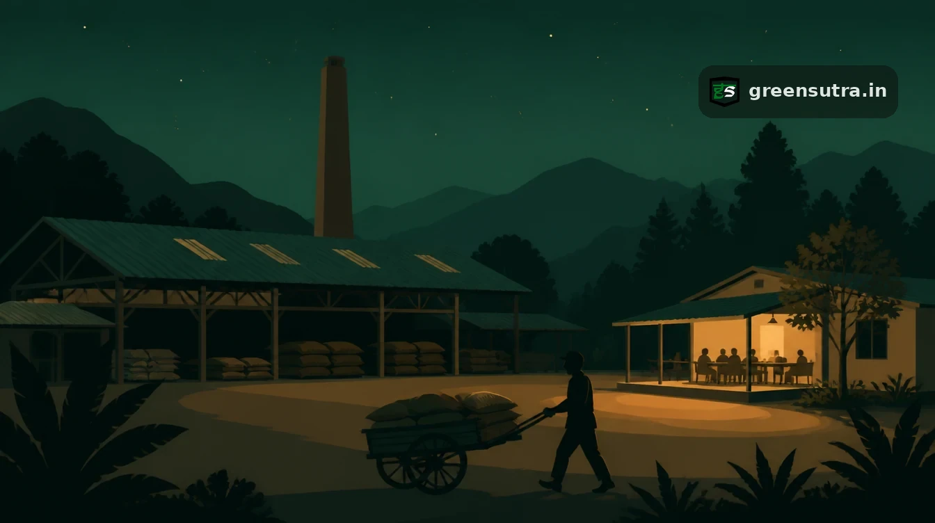Factory compound at night with a canteen lit up and a worker pushing a cart of sorted sacks across the yard