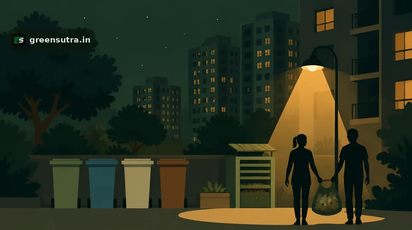 Housing society courtyard at night with four waste bins, a composting unit and two residents carrying sorted waste