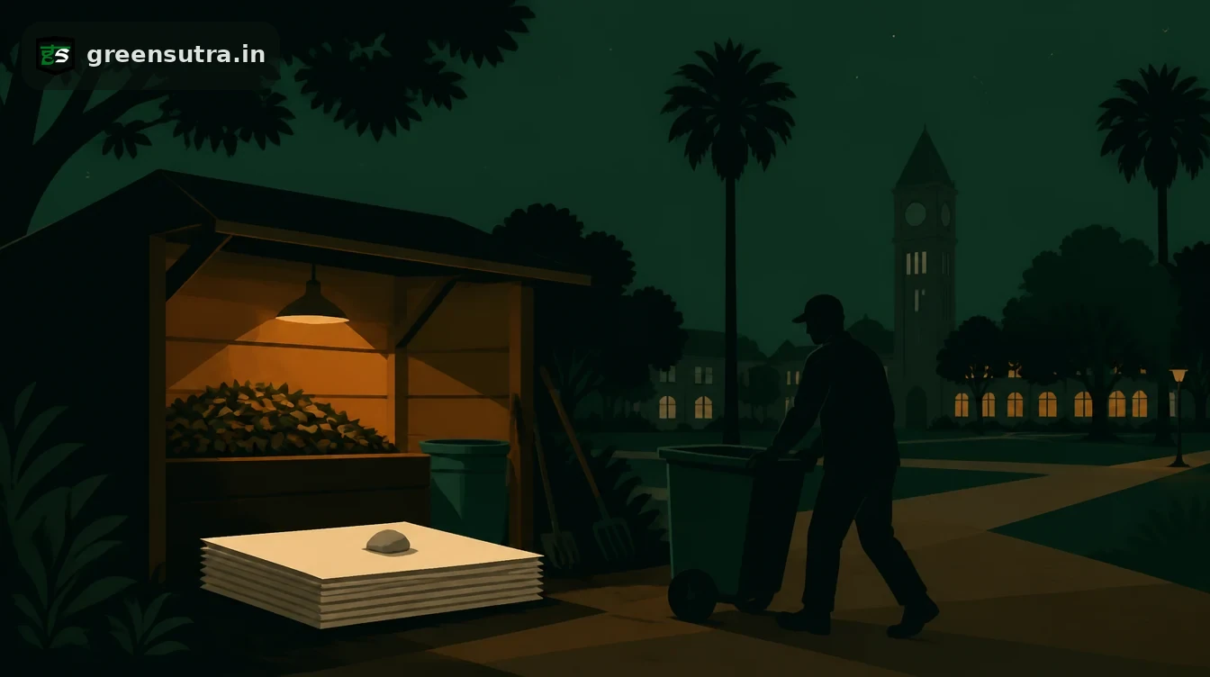College campus at night with a composting shed and a stack of paper certificates beside it