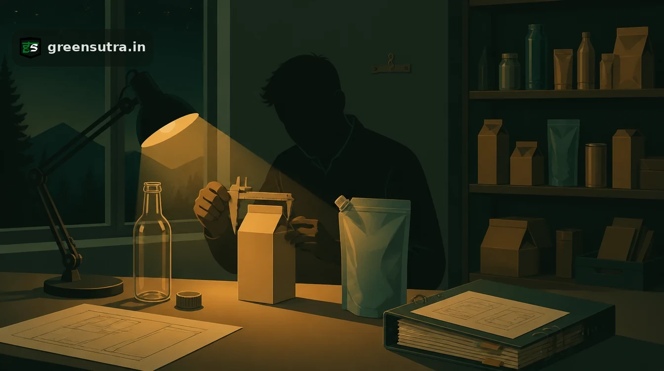 PPWR conformity without a certificate: an engineer measures a carton beside a bottle, a pouch and a binder of technical files