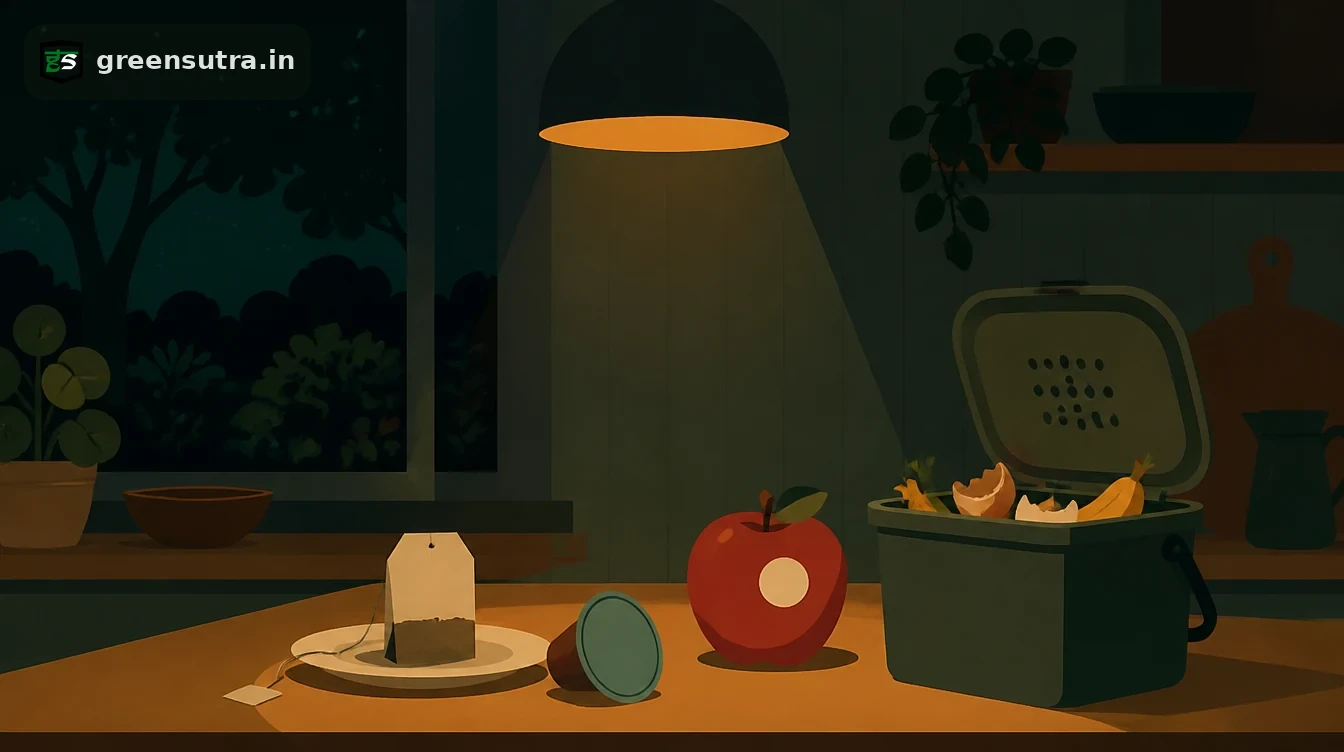 PPWR compostable packaging: a tea bag, a coffee pod and an apple with a fruit sticker beside a food waste caddy on a kitchen counter