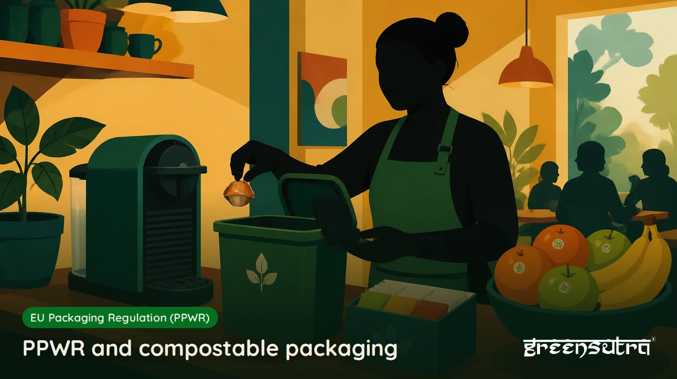 PPWR and compostable packaging: a cafe counter with a pod machine, tea bags, fruit with stickers and a compost caddy