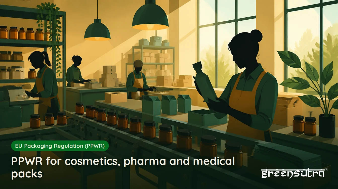 PPWR for cosmetics, pharma and medical packs: small cosmetic jars and folding cartons on a packing line