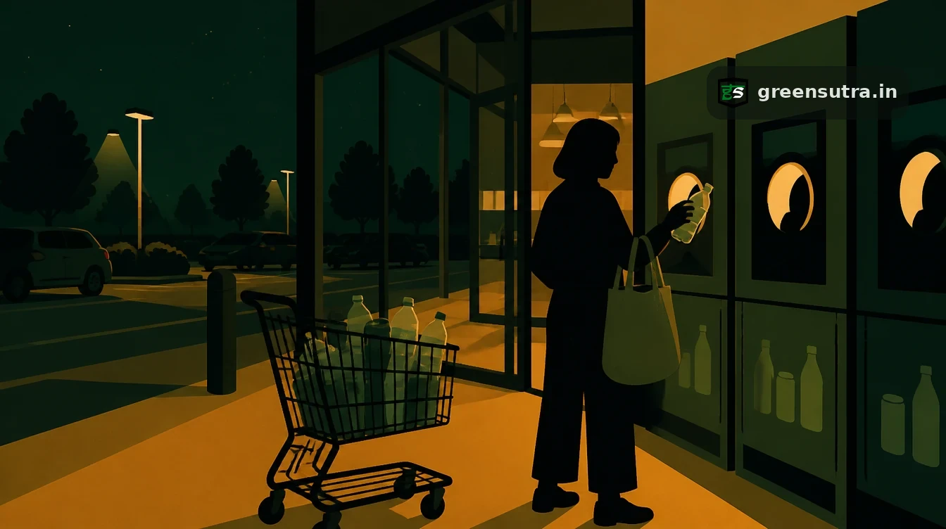 Shopper returning bottles and cans to reverse vending machines at a supermarket, the deposit return system the PPWR requires by 2029