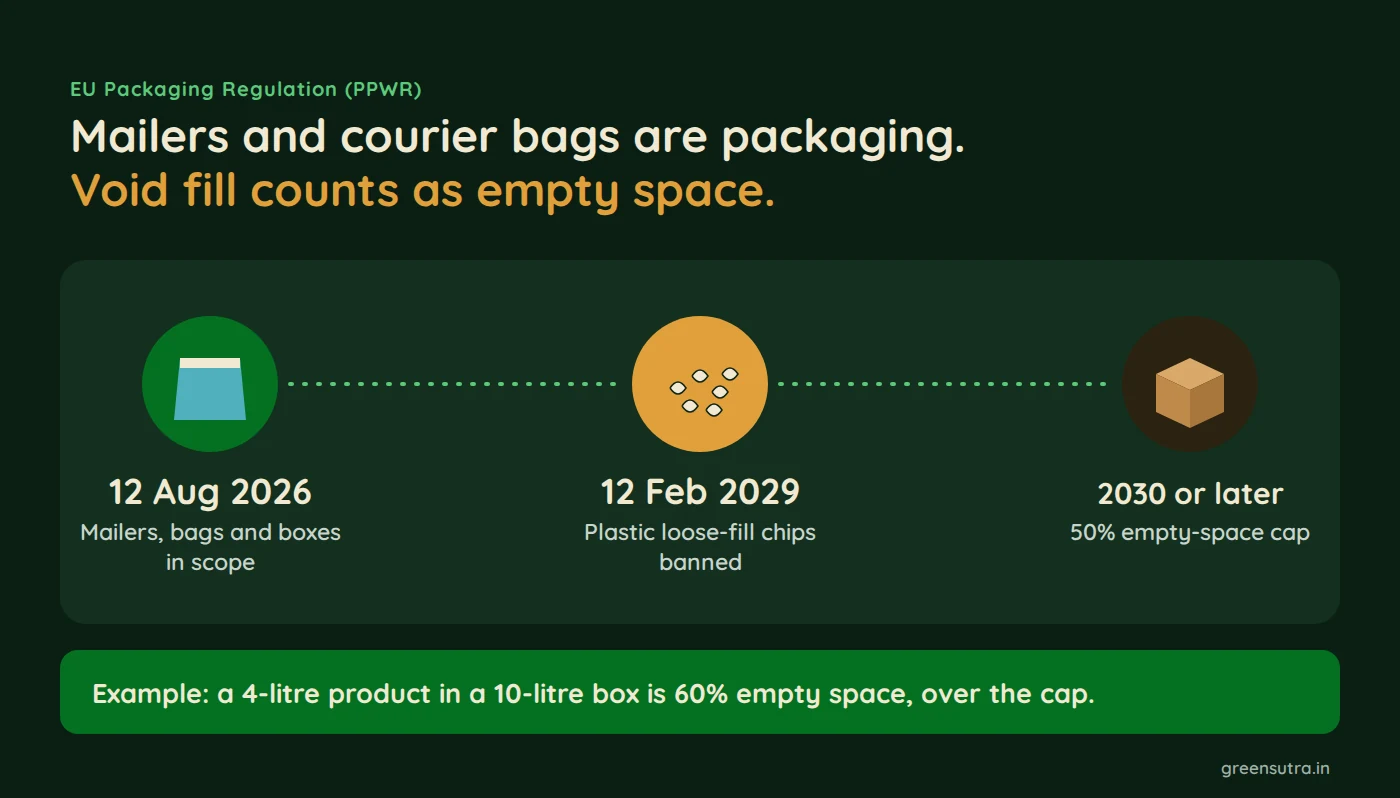 Mailers and courier bags are packaging. Void fill counts as empty space.