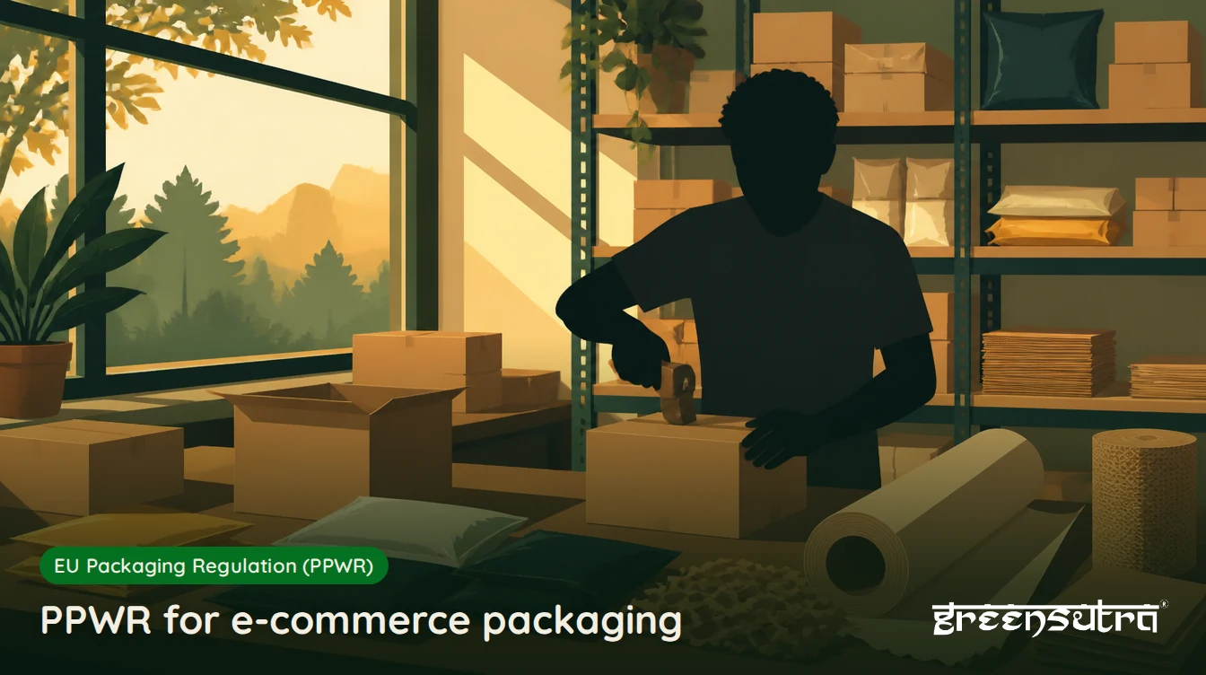 PPWR for e-commerce packaging: a packer at a bench with boxes, padded mailers, courier bags and paper void fill
