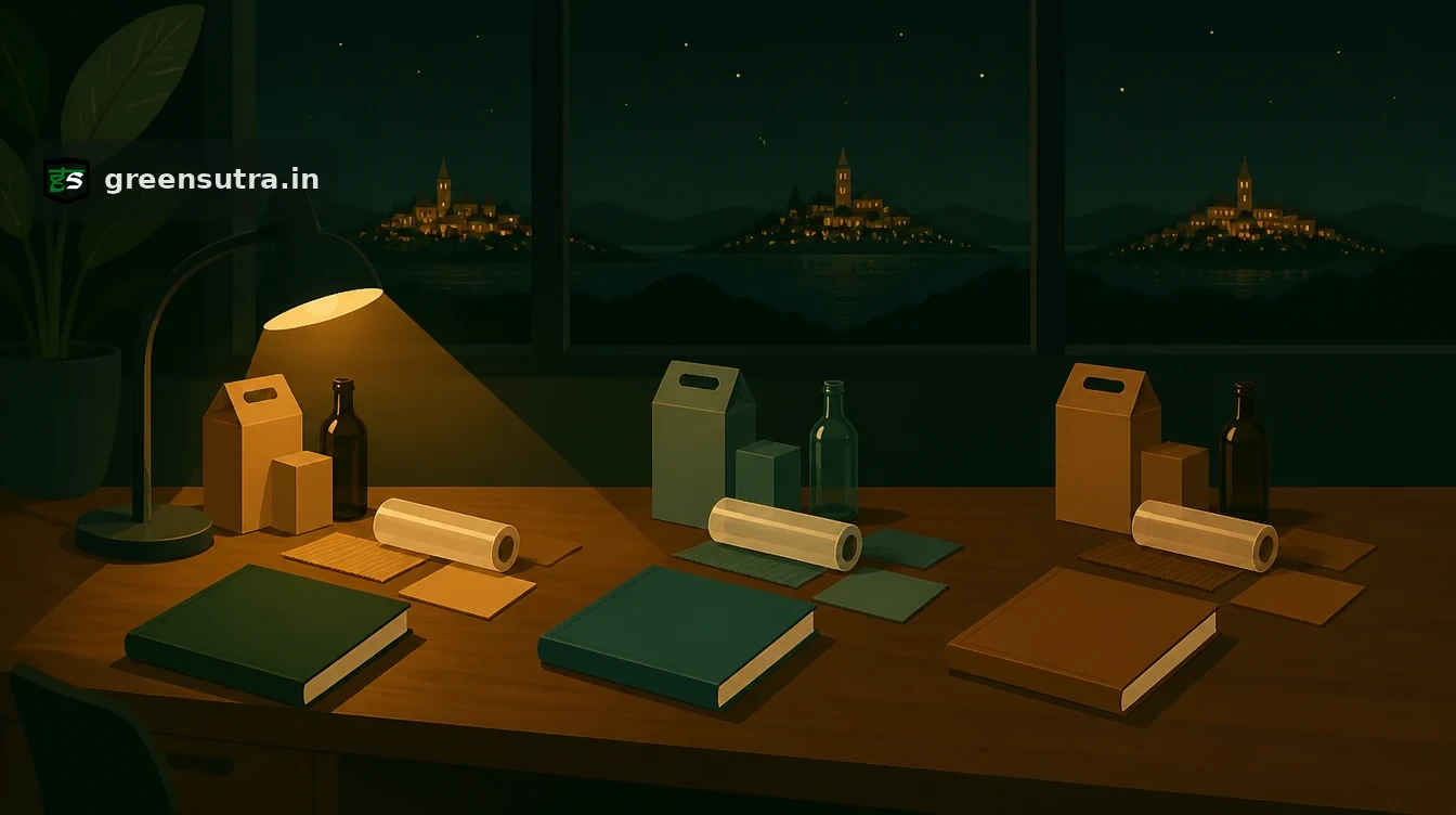 Three ledgers on a desk, each with a carton, a bottle and a roll of film, three towns beyond the window, for EPR costs across several EU countries