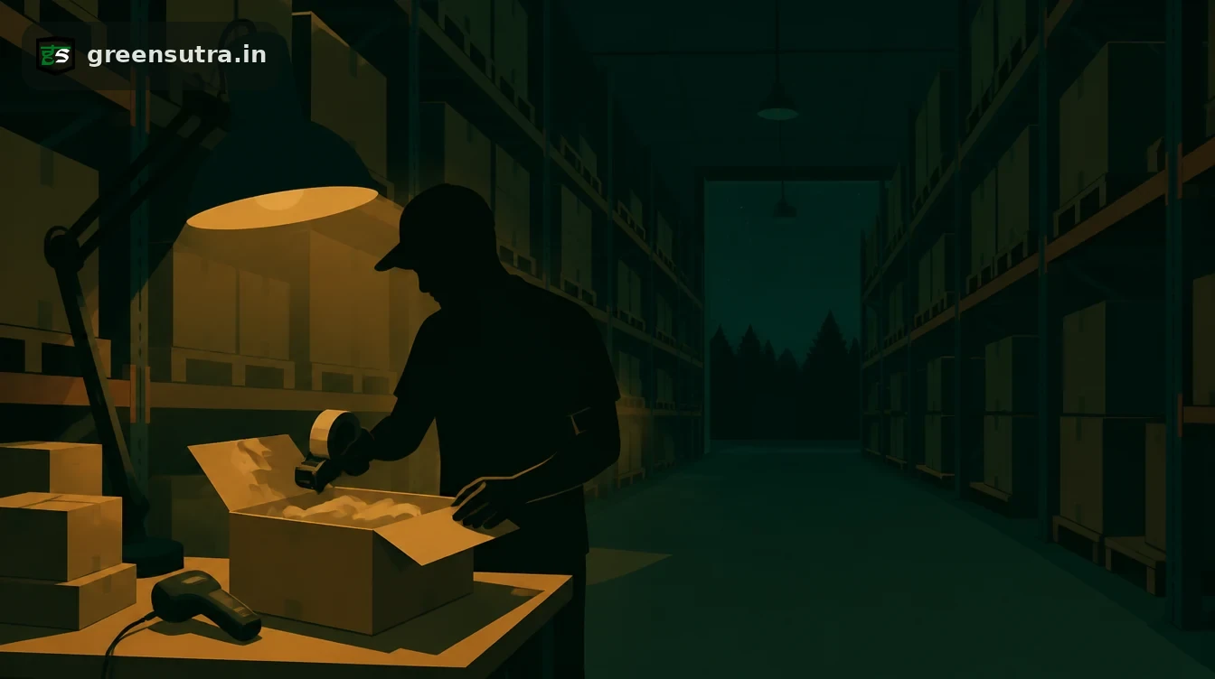 Worker taping an open shipping carton at a packing bench in a warehouse aisle, for fulfilment centres asking sellers for an EPR registration number