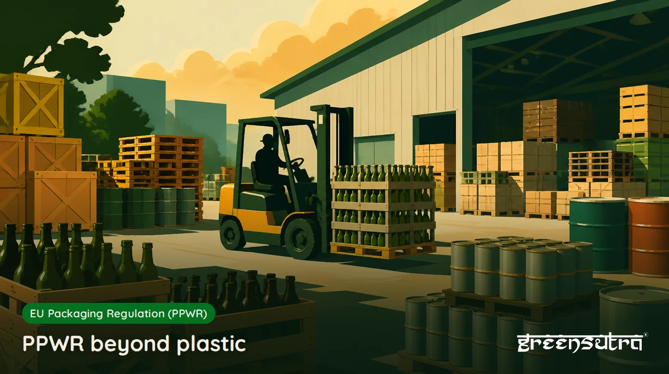 PPWR beyond plastic: crates of glass bottles, pallets of metal tins and wooden crates in a packaging yard with a forklift