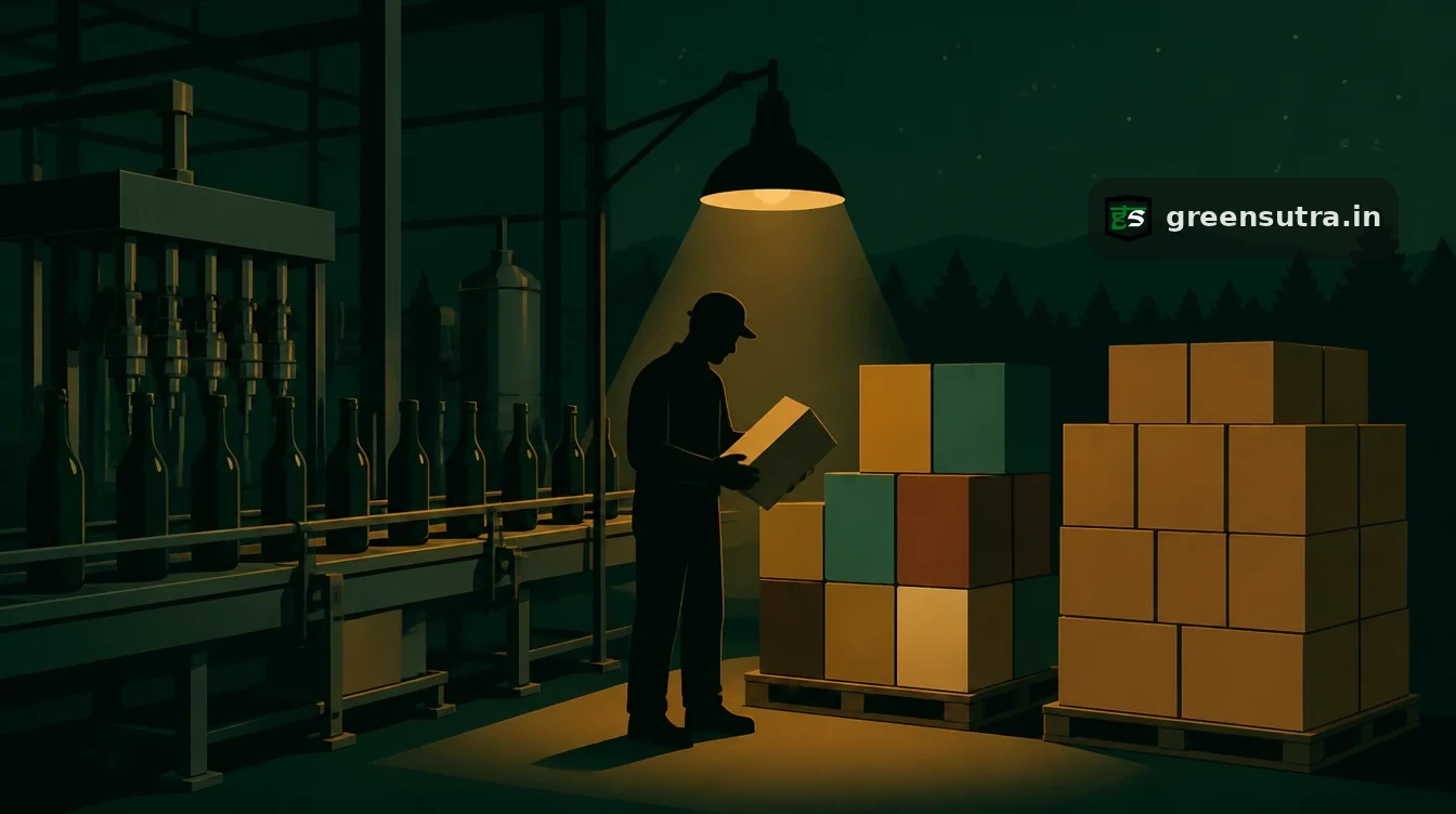 Operator checking a carton beside coloured retail cartons and plain shipping boxes at a stopped filling line, for how a PPWR manufacturer differs from a producer