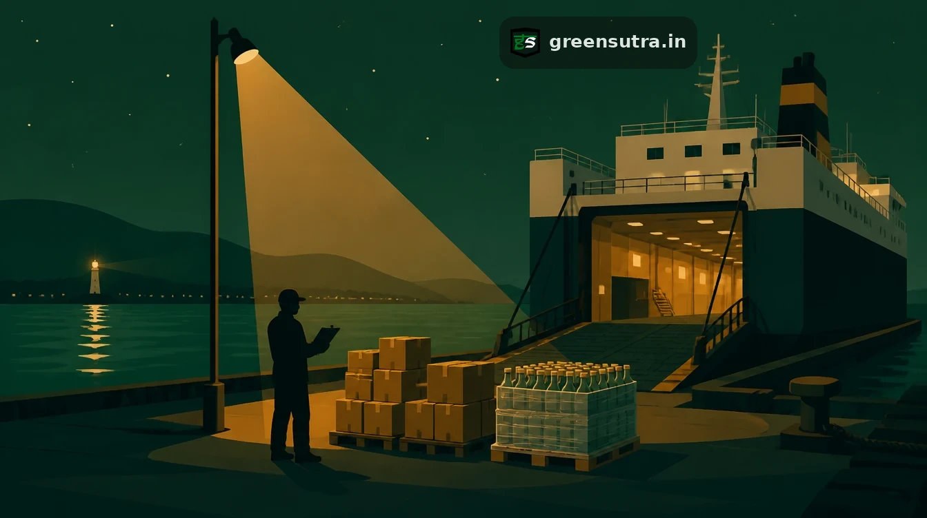Dock worker with a clipboard beside parcels and a pallet of glass bottles at a ferry ramp, for the PPWR in Northern Ireland and UK sales into the EU