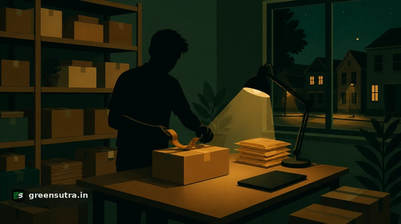 Online seller taping a parcel shut in a home storeroom lined with boxes and padded mailers, for whether marketplace sellers need an EPR registration number under the PPWR