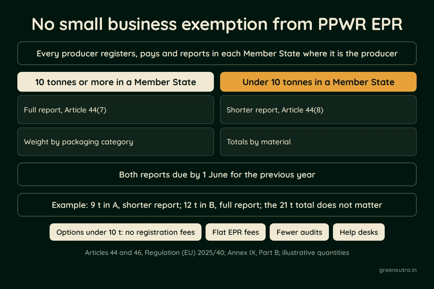 Diagram showing that the PPWR has no small business exemption from EPR. Every producer registers, pays and reports. At 10 tonnes or more in a Member State the full report applies, and under 10 tonnes a shorter report by material. Both are due by 1 June. In the example, 9 t in one country and 12 t in another need different reports. Countries may offer flat fees and fewer audits.