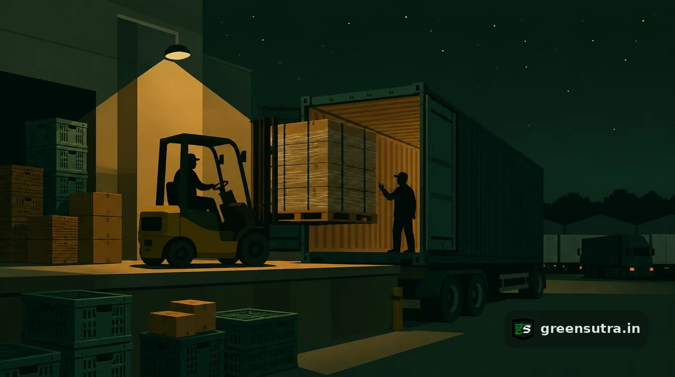 Forklift loading a stretch-wrapped, strapped pallet of cartons into a container, transport packaging within PPWR scope